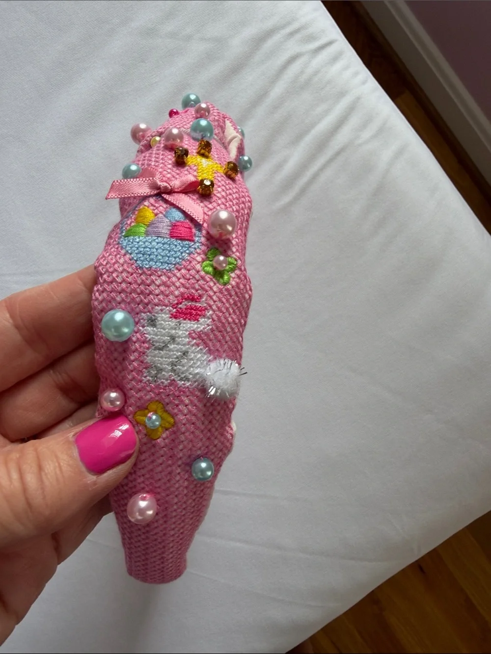 Embellished Pink Padded Headband with Pearls & Cross Detail